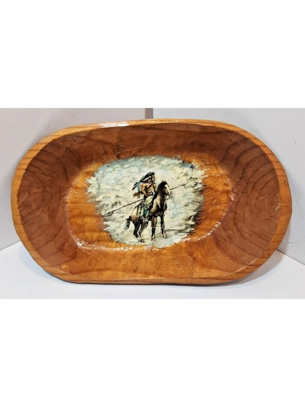 Vintage Oval Handpainted Native American Wooden Bowl 14" by 8"